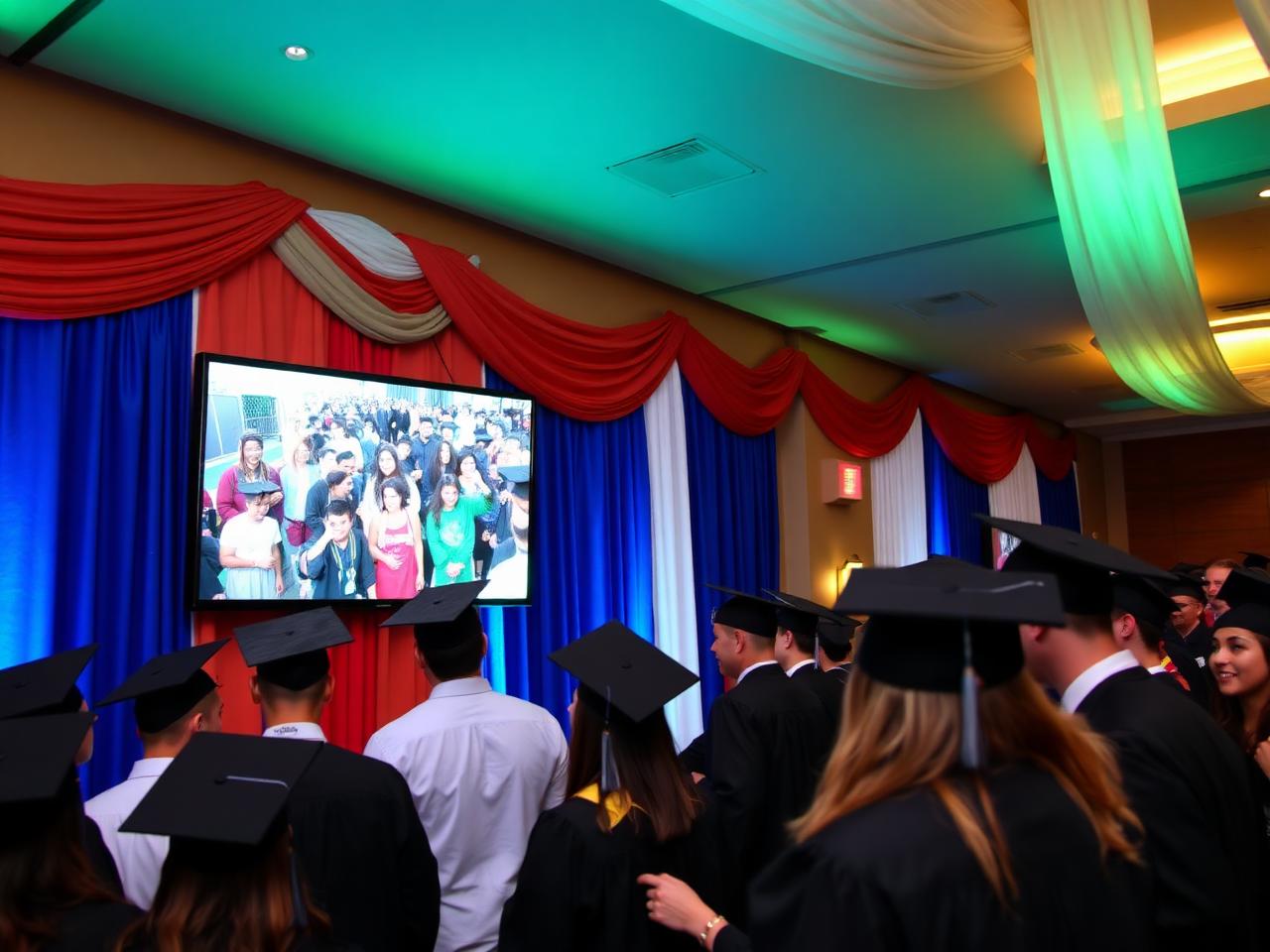 Graduation party with large TV displaying slideshow and draped backdrop
