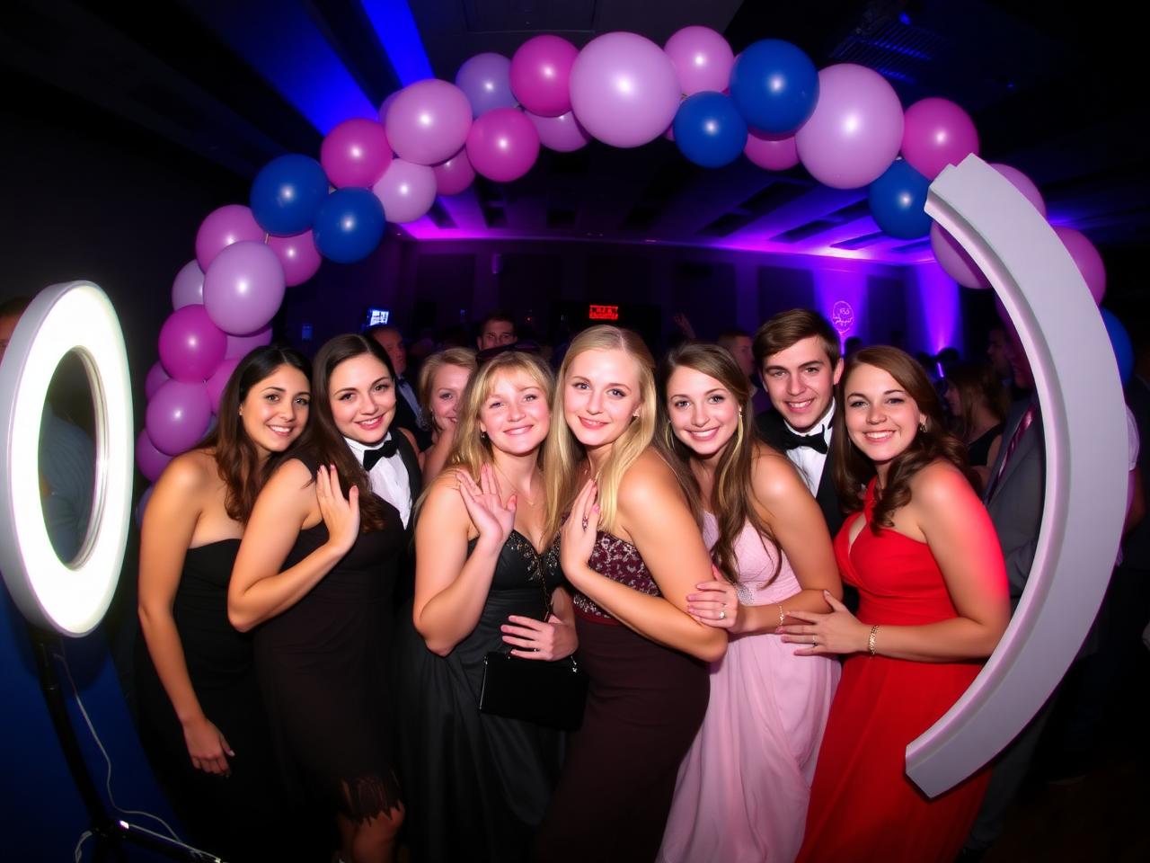 Teens in formalwear posing at a 360 photobooth with balloon arch